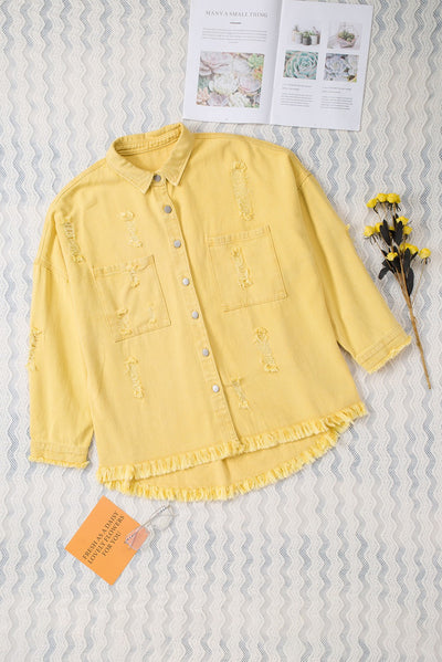 Yellow Distressed Fringe Trim Denim Jacket-Outerwear-MomFashion