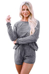 Gray Long Sleeve Top and Drawstring Shorts Lounge Set-Loungewear-MomFashion