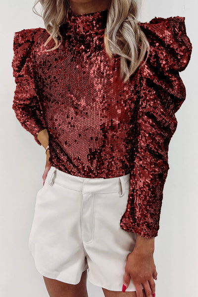 Burgundy Sequin Mock Neck Bubble Sleeve Top-Tops-MomFashion