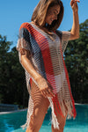 Multicolor Striped Tassel Crochet V Neck Beach Cover Up-Swimwear-MomFashion