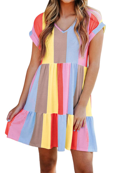 Red Multicolor Striped Color Block Tiered Mini Dress-Dresses-MomFashion