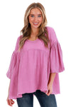 Pink Crinkle Bubble Sleeve Raw Hem Babydoll Blouse-Tops-MomFashion