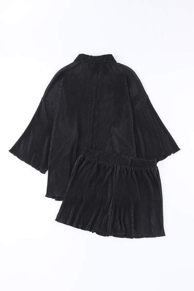 Black 3/4 Sleeves Pleated Shirt and High Waist Shorts Lounge Set-Loungewear-MomFashion