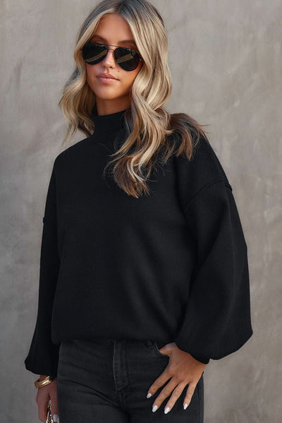 Black Turtleneck Drop Shoulder Bubble Sleeve Knit Sweater-Tops-MomFashion