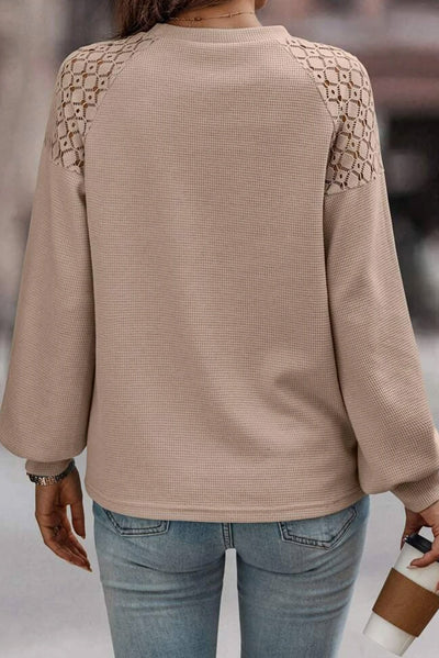 Khaki Lace Long Sleeve Textured Pullover-Tops-MomFashion