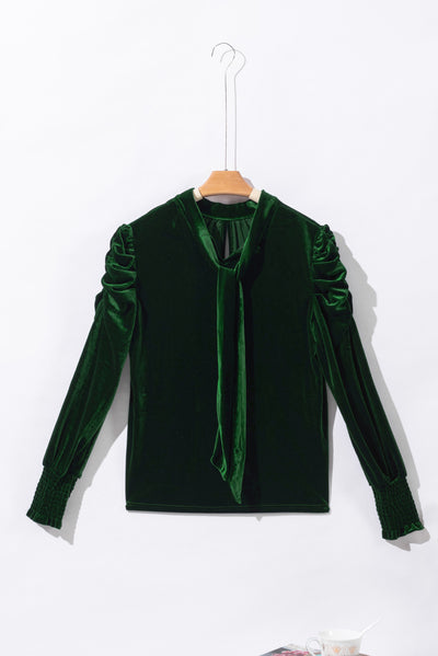 Blackish Green Mock Neck Puff Sleeve Velvet Blouse-Tops-MomFashion