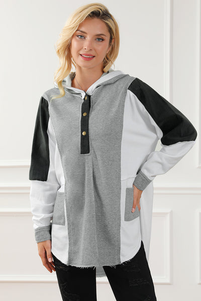 Gray Color Block Exposed Seam Buttoned Neckline Hoodie-Tops-MomFashion