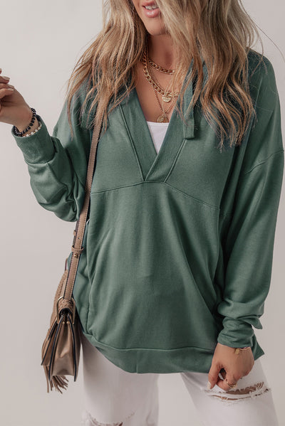 Sea Green Casual V Neck Drawstring Hoodie-Tops-MomFashion