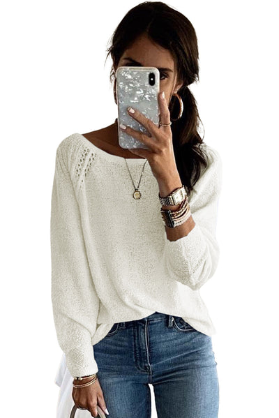 White Long Sleeve Cutout Shoulder Relaxed Sweater-Tops-MomFashion