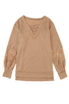 Apricot Lace Waffle Patchwork Strappy V Neck Long Sleeve Top-Tops-MomFashion