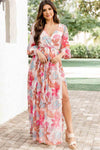 Tropical Plant Print Long Sleeve Wrap V-Neck Slit Maxi Dress-Dresses-MomFashion