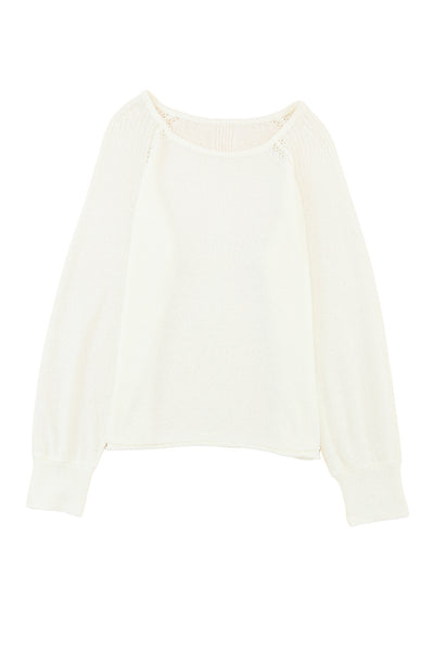 White Long Sleeve Cutout Shoulder Relaxed Sweater-Tops-MomFashion