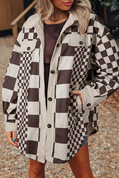 Brown Checkered Print Patchwork Corduroy Shacket-Outerwear/Jackets-MomFashion