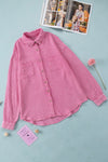 Pink Mineral Wash Crinkle Textured Chest Pockets Shirt-Tops-MomFashion