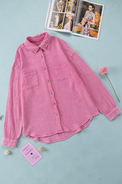 Pink Mineral Wash Crinkle Textured Chest Pockets Shirt-Tops-MomFashion