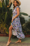 Purple Layered Ruffle Sleeves Long Floral Dress-Dresses-MomFashion