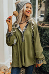 Green Flowy Plaid Accent Waffle Knit Henley Hoodie-Tops-MomFashion