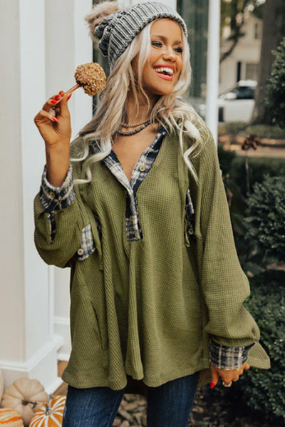 Green Flowy Plaid Accent Waffle Knit Henley Hoodie-Tops-MomFashion