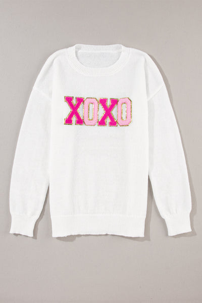 White XOXO Glitter Print Round Neck Casual Sweater-Tops-MomFashion