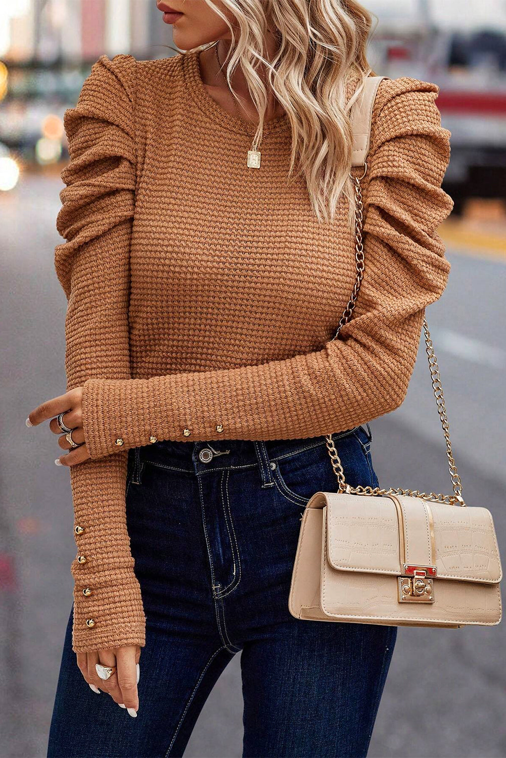 Chestnut Solid Color Textured Buttoned Gigot Sleeve Top-Tops-MomFashion