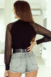 Black Striped Mesh Long Sleeve Crewneck Ribbed Top-Tops-MomFashion