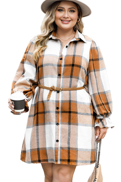 Khaki Plus Size Plaid Flounce Sleeve Button up Shirt Dress-Plus Size-MomFashion