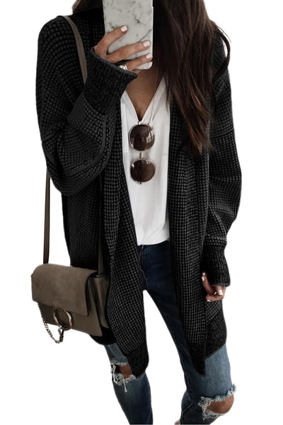 Black Plaid Knitted Long Open Front Cardigan-Tops-MomFashion