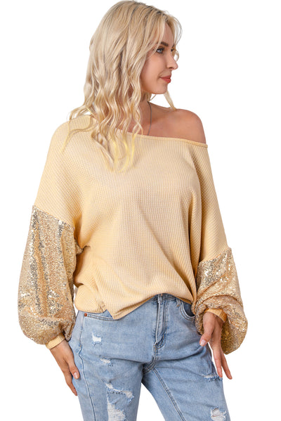 Apricot Sequin Patchwork Sleeve Open Back Waffle Knit Top-Tops-MomFashion