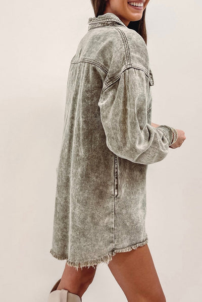 Sage Green Acid Wash Flap Pocket Raw Hem Tunic Denim Jacket-Outerwear-MomFashion