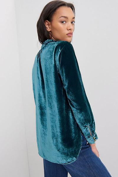 Green Frilled Neck Buttoned Front Velvet Top-Tops-MomFashion