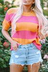 Orange Stripe Color Block Knitted T-shirt Sweater-Tops-MomFashion