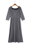 Gray Shirred Off Shoulder Maxi Dress with Split-Dresses-MomFashion