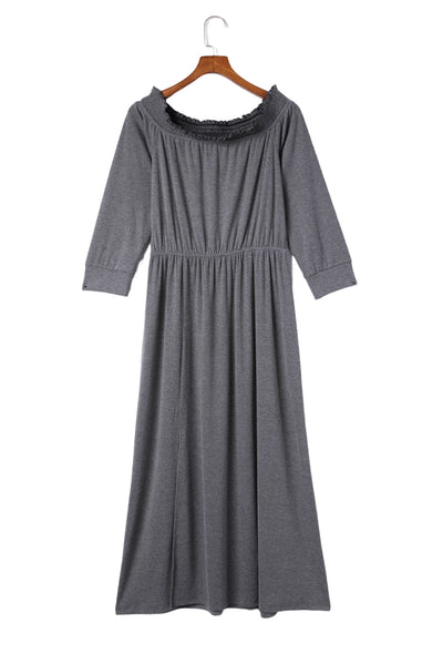 Gray Shirred Off Shoulder Maxi Dress with Split-Dresses-MomFashion