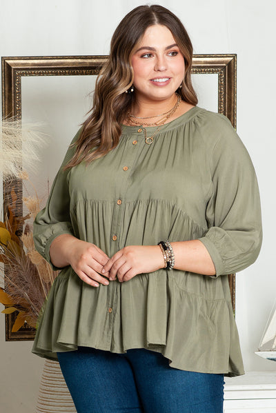 Green Plus Size Ruffle Tiered Split Neck Shirt-Plus Size-MomFashion