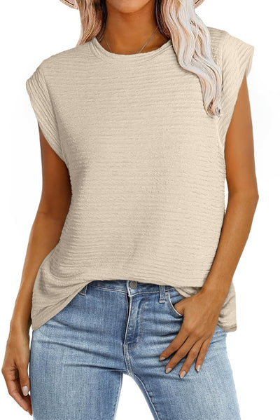 Beige Solid Textured Batwing Sleeve Crew Neck T Shirt-Tops-MomFashion