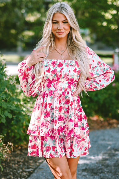 Pink Ruffle Tiered High Waist Puff Sleeve Floral Dress-Dresses-MomFashion