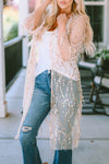 White Sequin Sheer Long Sleeve Open Front Kimono-Outerwear-MomFashion