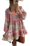 Multicolour Boho Print Puff Sleeve Buttoned Babydoll Dress-Dresses-MomFashion