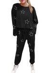 Black Stars Print Long Sleeve Drawstring High Waist Lounge Set-Loungewear-MomFashion