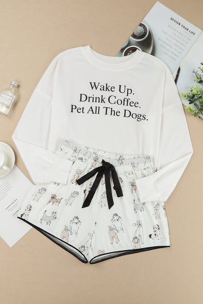 White Long Sleeve Letters Pullover and Animal Shorts Lounge Set-Loungewear-MomFashion