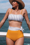 Yellow 2pcs Contrast Striped Tie High Waist Bikini Swimsuit-Swimwear-MomFashion