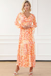 Orange Boho Floral Wrap V Neck Tie Long Sleeve Dress-Dresses-MomFashion