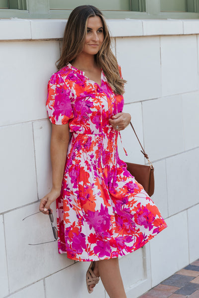 Rose Floral Smocked Waist Bubble Sleeve Flare Dress-Dresses-MomFashion