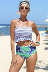 Blue Printed Smocked High waisted swimsuits-Swimwear-MomFashion