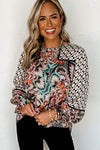 Black Mixed Floral Geometric Print Ruffled Long Sleeve Blouse-Tops-MomFashion