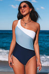 Sky Blue Color Block One Shoulder Backless One-piece Swimwear-Swimwear-MomFashion