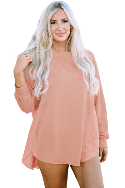 Crinkle Splicing Raw Hem High Low Oversized Blouse-Tops-MomFashion