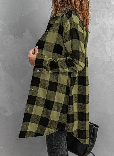 Green Turn-down Collar Plaid Shirt Coat-Outerwear-MomFashion