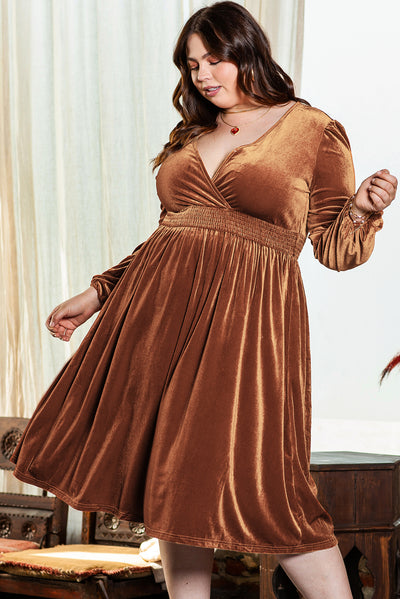 Camel Surplice V Neck Balloon Sleeve Velvet Dress-Plus Size-MomFashion