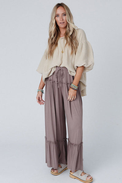 Khaki Frilled Drawstring High Waist Wide Leg Pants-Bottoms-MomFashion